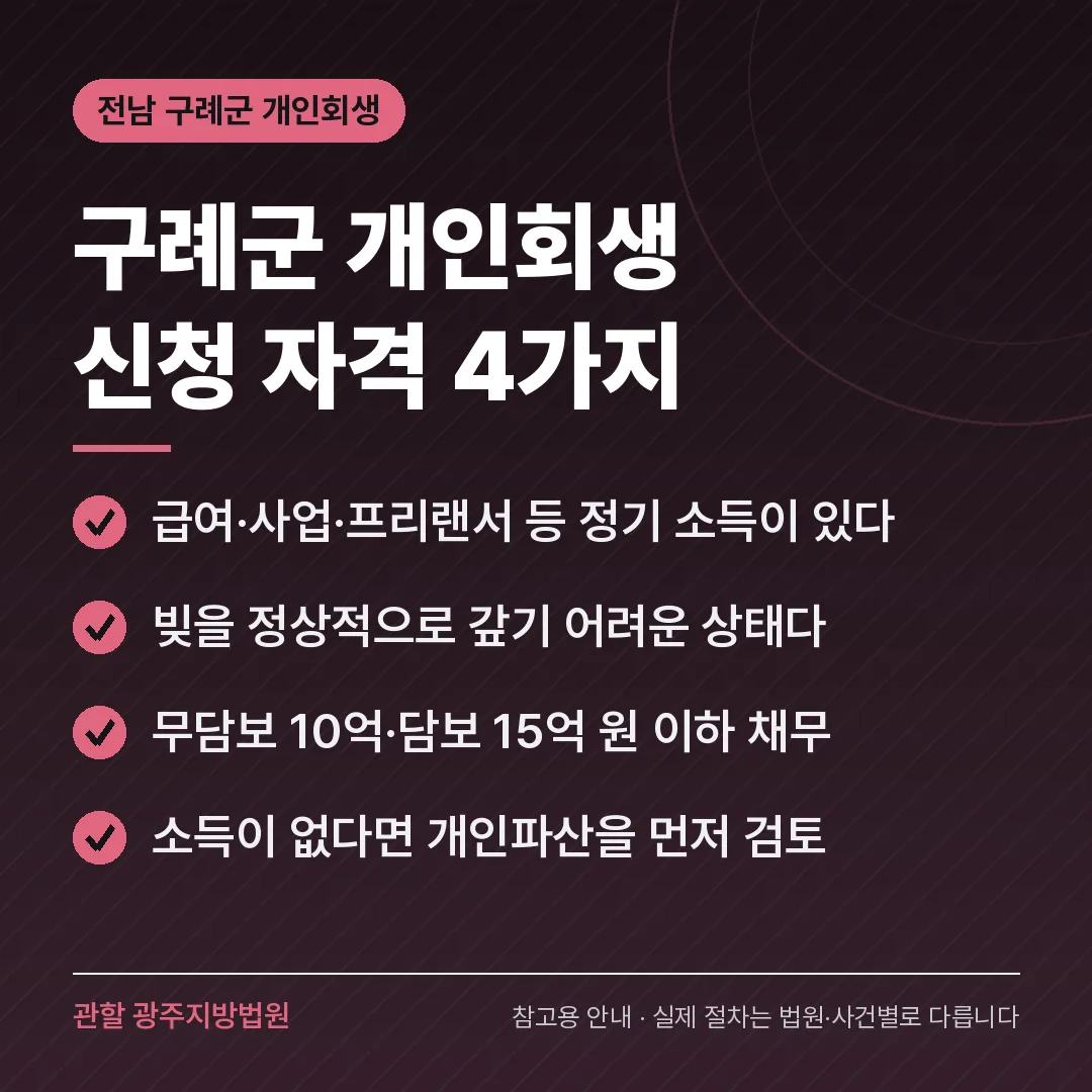 전남 구례군 개인회생 신청 자격 4가지