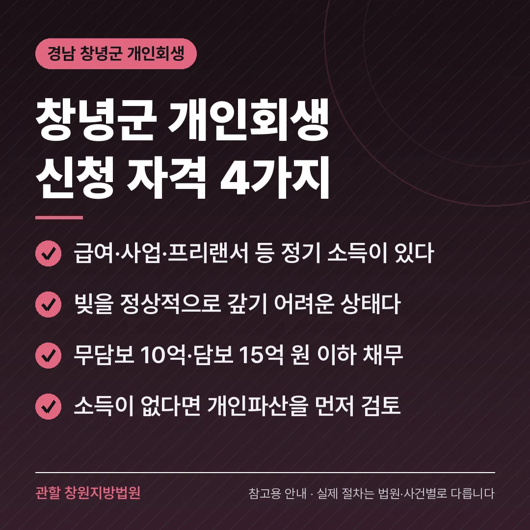 경남 창녕군 개인회생 신청 자격 4가지 경남 창녕군 개인회생 신청 자격 4가지